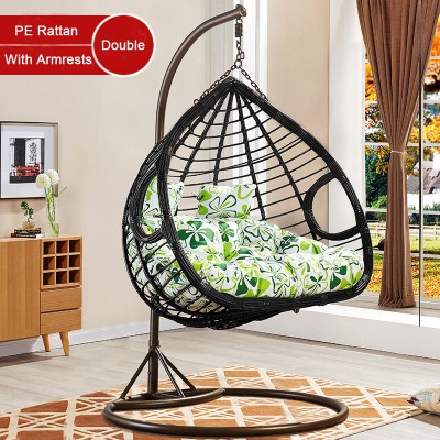 Custom Print Logo Indoor Double PE Rattan Swing Egg Chair, 2020 Good Selling Space Saving Knock Down Bedroom Swing Hanging Chair